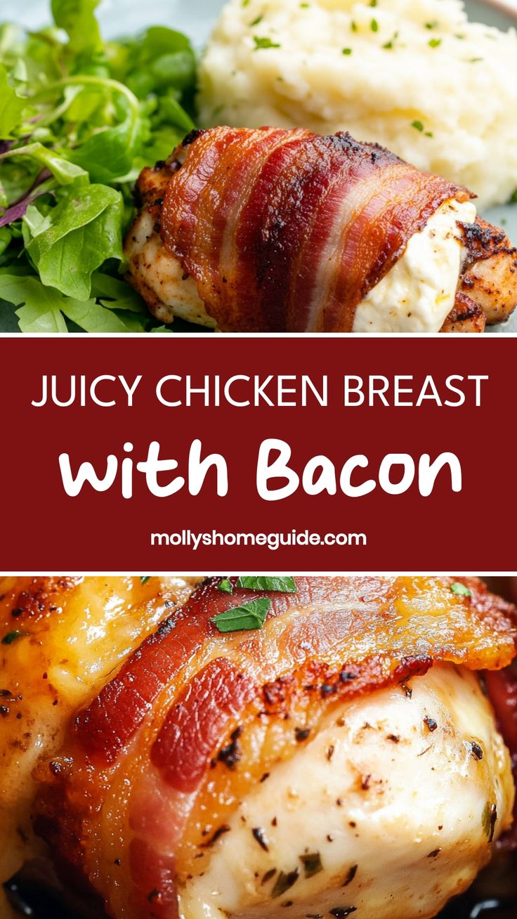 juicy chicken breast with bacon served on a bed of mashed potatoes