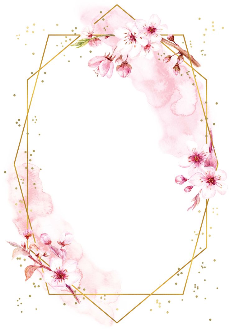 a watercolor painting with pink flowers and gold geometric frame on the bottom right corner