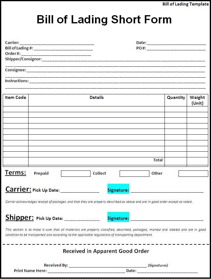 bill of lading form is shown in this image