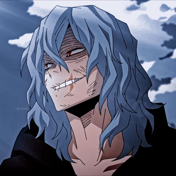 an anime character with blue hair and red eyes looking at the camera in front of some clouds