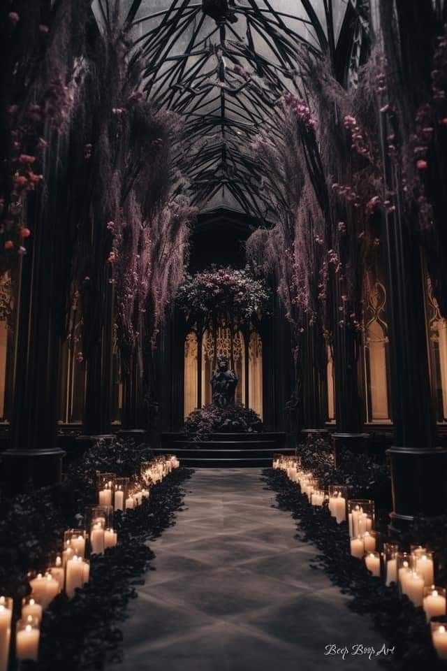 candles are lit in the middle of a long hall with trees and flowers on either side