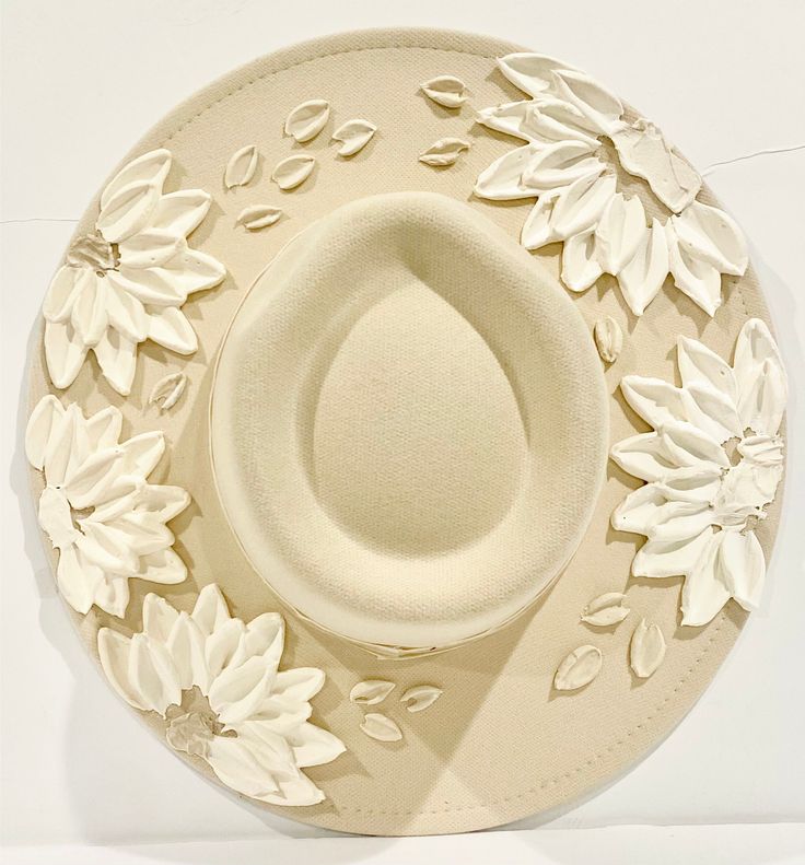 Luxury Women's Hats With Handmade Flowers, Luxury Hats With Handmade Flowers For Women, Luxury Custom White Hats, Boho Hand Painted Hats, Dried Flowers Hat Band, Cream Brimmed Felt Hat For Country Events, Cream Fedora Sun Hat For Country Events, Cream Felt Hat With Flat Brim For Spring, Cream Brimmed Fedora For Spring