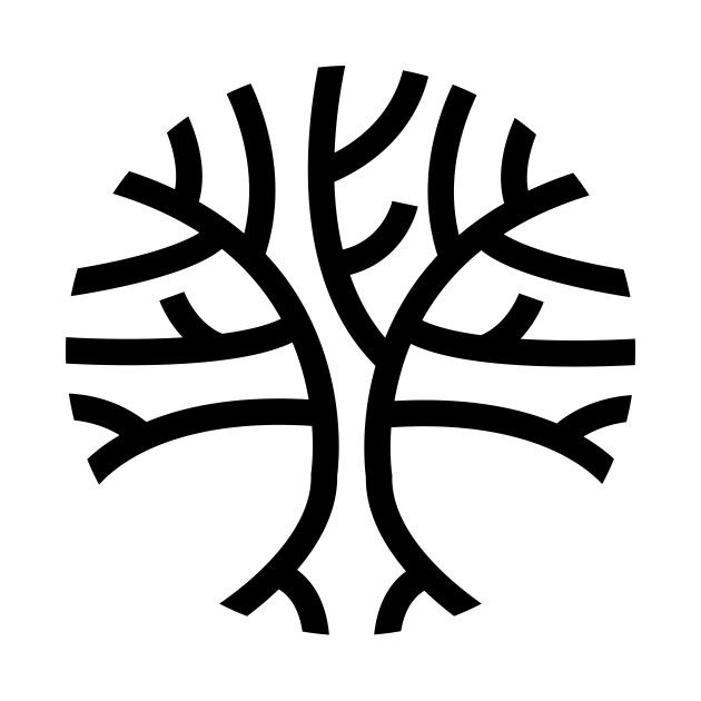 a black and white image of a tree with leaves on it's branches, in the shape of a circle