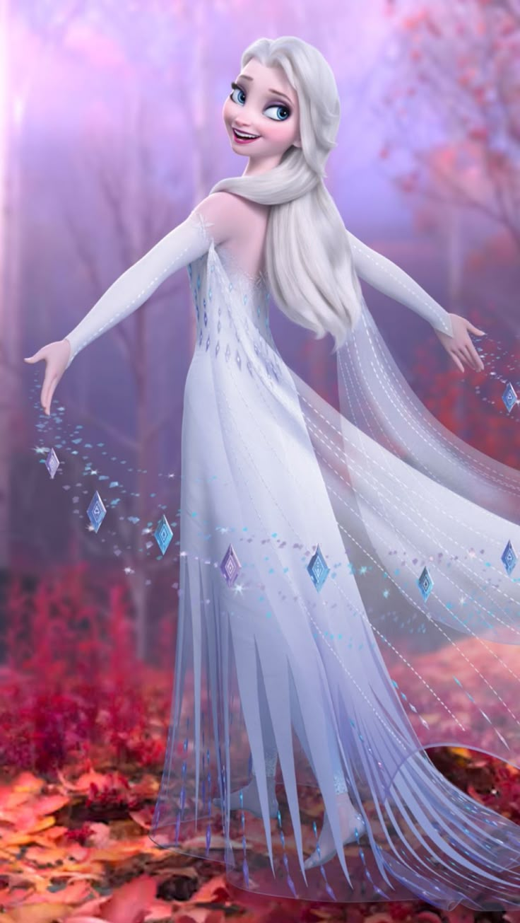 a frozen princess with long white hair and blue eyes is standing in the woods surrounded by leaves