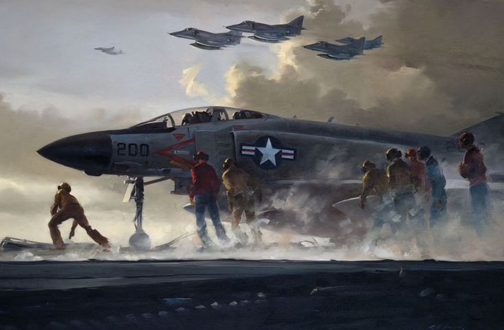 a painting of people standing on the deck of an aircraft carrier with fighter jets in the background