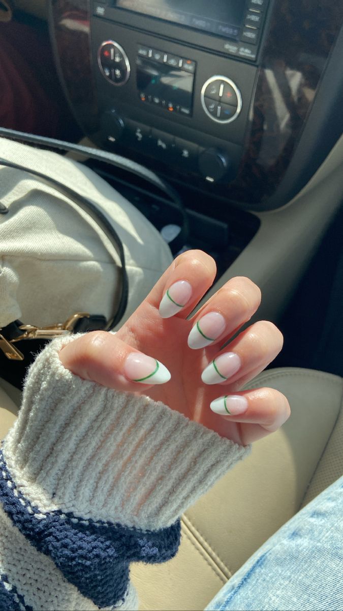 Green Acrylic Nails Almond Shape, White French With Color Line, Green And White French Nails, White French Tip With Green Line, White French Tip Nails With Green Design, French Nails With Line Under, French Tip With Underline, White French Tip With Color Line, White French Tip With Blue Line