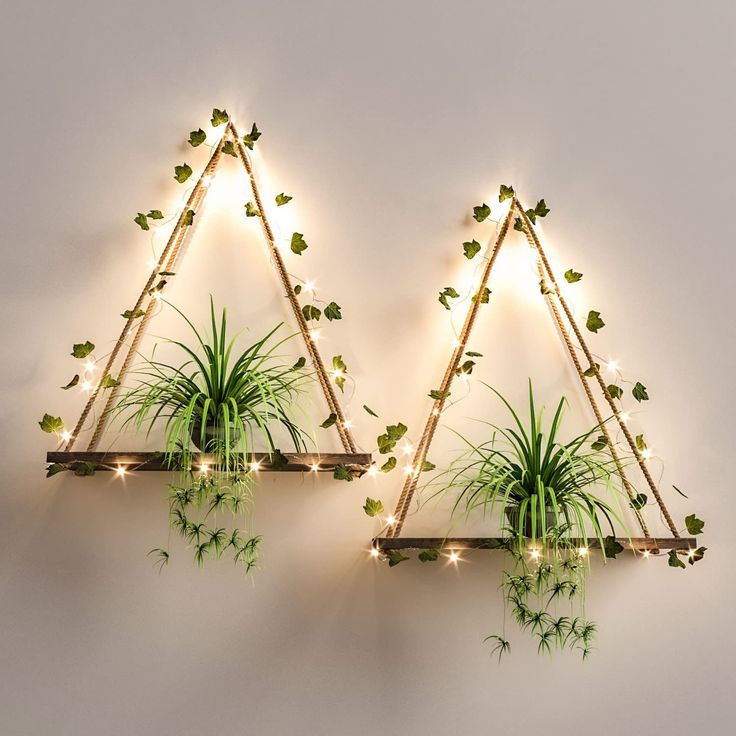 two wooden shelves with plants and lights on them