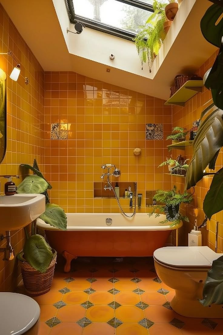 an orange tiled bathroom with a skylight above the bathtub and toilet, surrounded by potted plants