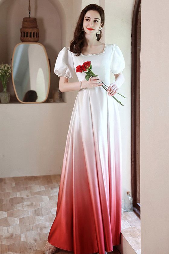 Shop elegant ombre white red long formal satin occasion dress with bubble sleeves online. Sheprom offers formal, party, casual & more style dresses to fit your special occasions. Formal Fitted Ombre Dress, Elegant Gradient Color Party Dress, Elegant Ombre Dress For Prom, Elegant Ombre Prom Dress, White Satin Dress, Ombre Maxi Dress, Red Satin Dress, Long Sleeve Evening Gowns, Bridal Poses