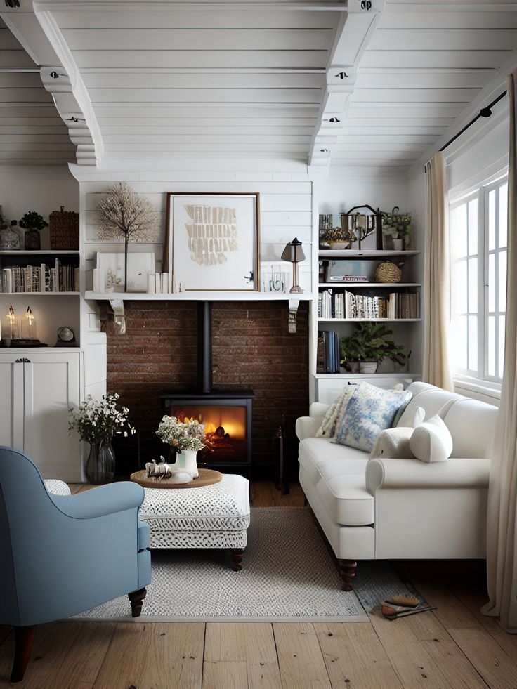 a living room filled with furniture and a fire place