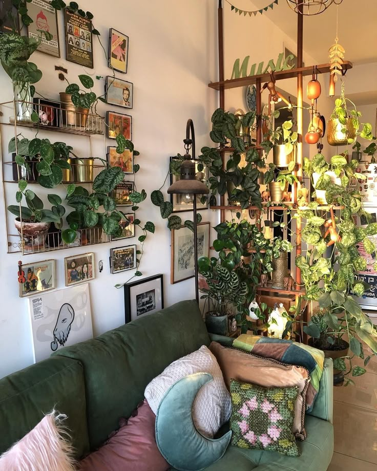 a living room filled with lots of potted plants on the wall and hanging shelves