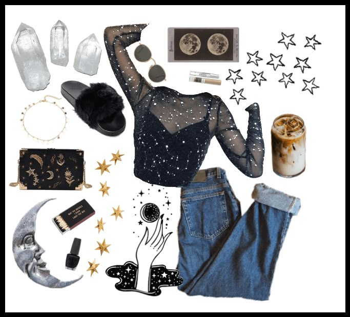 Lunarpunk Outfit, Cosmic Witch Aesthetic Outfit, Planetarium Outfit Ideas, Cosmicore Outfits, Witch Outfit Casual, Astronomy Outfit Aesthetic, Cosmic Core Aesthetic Outfits, Witch Vibes Aesthetic Outfit, Space Witch Outfit