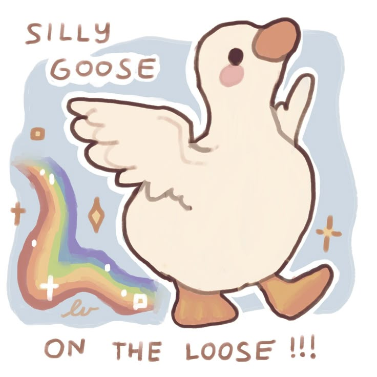 a white bird with an orange beak and the words silly goose on it's side