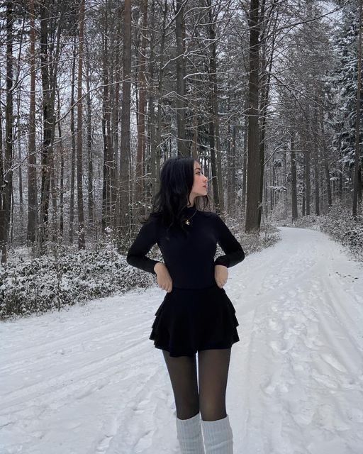 Christmas Fits Women, Dresses To Wear With Tights, Dark Dresses Casual, All Black Outfit With Tights, Cute Black Winter Outfits, Styling Black Leggings Winter, Pretty Black Outfits, Winter Dress And Boots Outfit, Dark Christmas Outfit