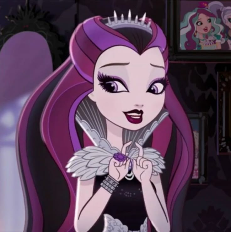 an animated image of a woman with long hair and purple hair, wearing a tiara