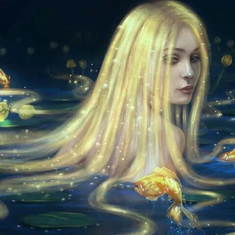 a painting of a woman with long blonde hair and gold fish swimming in the water