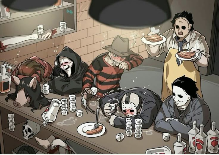 a group of people sitting around a table covered in food and drinking alcohol while wearing masks