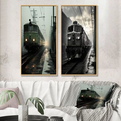 two black and white trains passing each other on tracks in the rain at night time