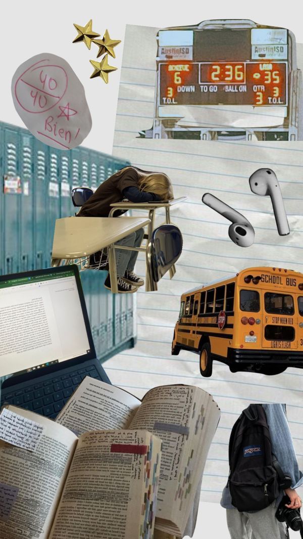 a collage of school supplies, books, and other items in front of a bus