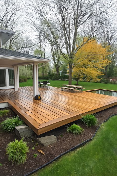 a large wooden deck in front of a house