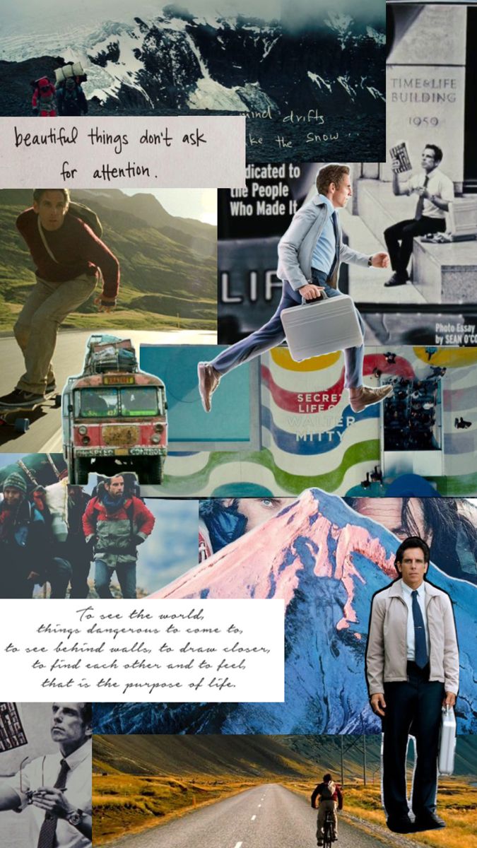 a collage of photos with people and mountains in the background, including a man on a skateboard