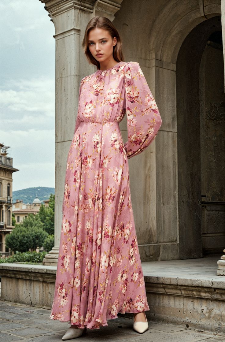 A timeless, flowy long-sleeve maxi crafted from soft vgeorgette fabric and fully lined for comfort. Featuring elegant fall florals, this elegant maxi blends classic style with effortless grace. Perfect for special occasion, it offers a flattering, sophisticated silhouette. LENGTH: 59" from top of shoulder FABRICATION: 100% VISCOSE Georgette and polyester lining STYLE#: DR-21723 AUTUMN DANCE BERRY-AUTDB + F24 *Dry Clean or wash on cold and hang flat to dry *Model is wearing size XS Long Sleeve Floral Maxi Dress, Really Long Hair, Fall Florals, Yumi Kim, Georgette Dress, Elegant Fall, Essential Dress, Daytime Dresses, Long Sleeve Maxi