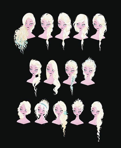 the various hairs and hair styles of frozen princesses in different poses, from long to short