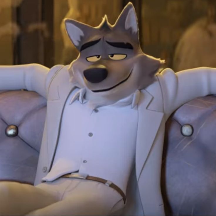 an animated wolf sitting on top of a couch in front of a man wearing a suit