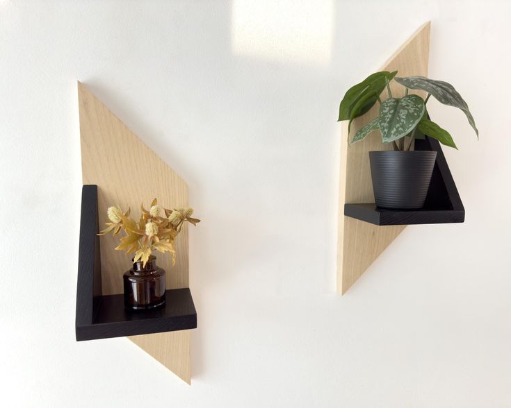 two wooden shelves with plants and vases on them