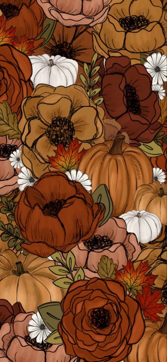 a bunch of pumpkins and flowers on a brown background with white, orange, and red leaves