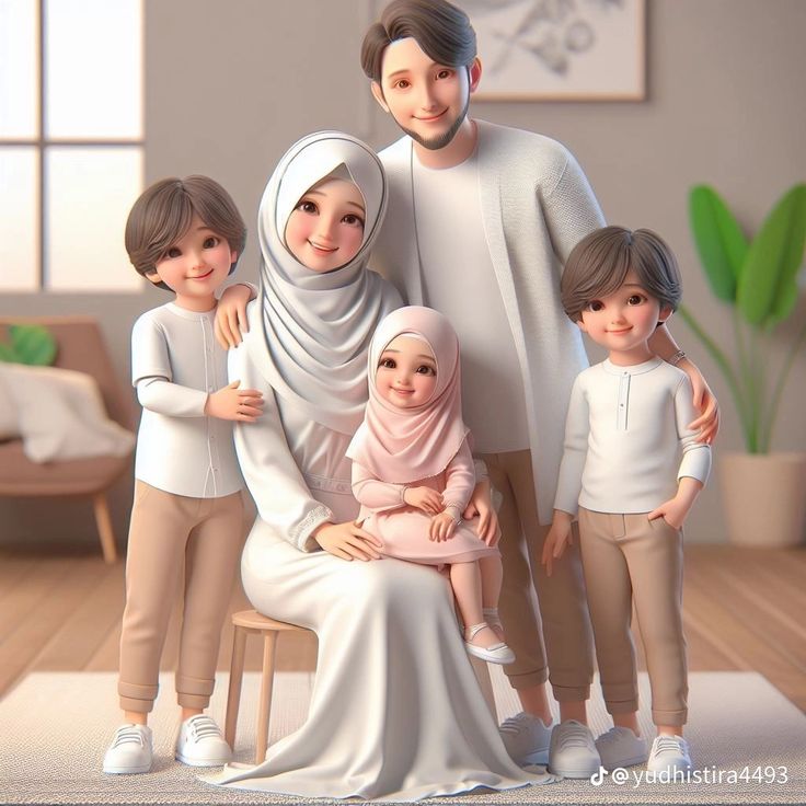 a family poses for a photo in their living room