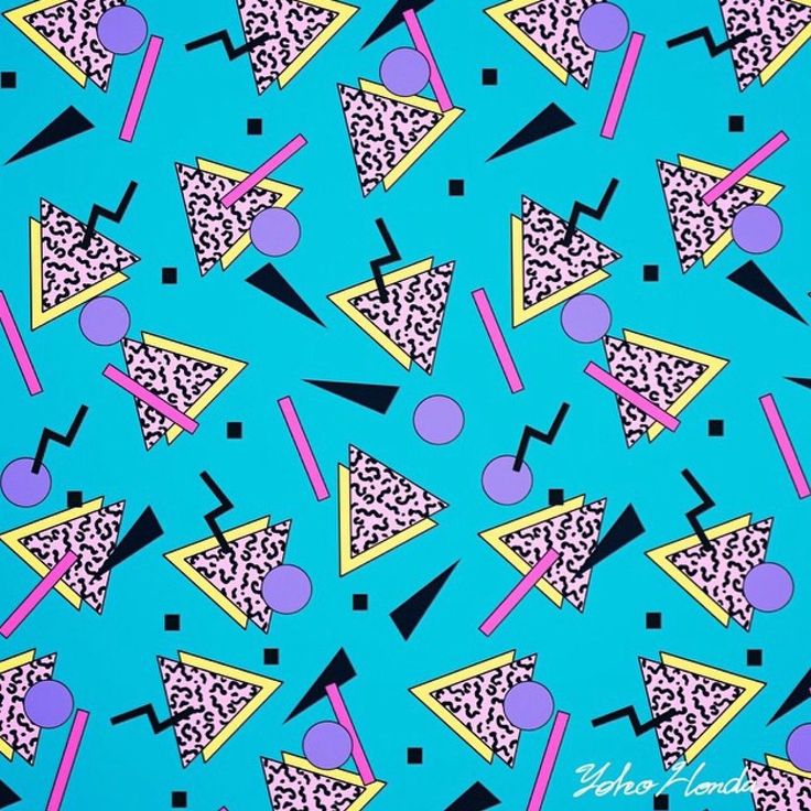 a blue background with pink, yellow and black shapes