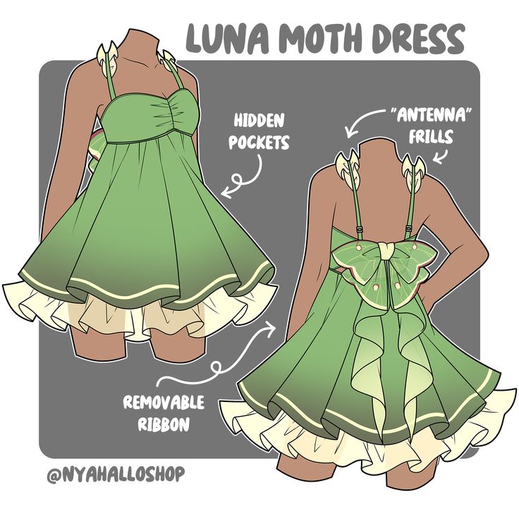 an image of a woman in a green dress with her hands on her hips and the words luna moth dress