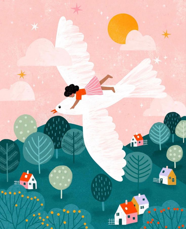 an illustration of a woman flying through the air with a large white bird in her hand