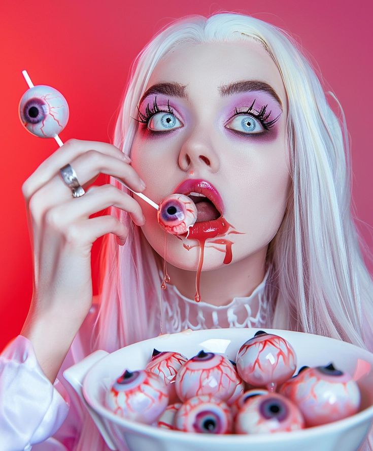 a woman with pink makeup holding a lollipop in her mouth