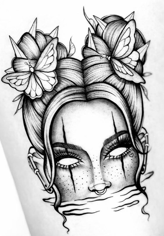 a woman's face with flowers in her hair and eyes on the side of her leg