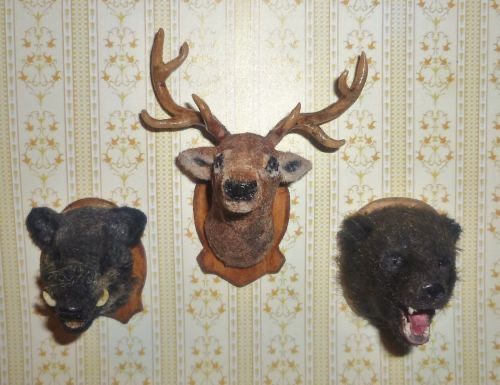 three deer head mounted on the wall with two bears'heads in front of them