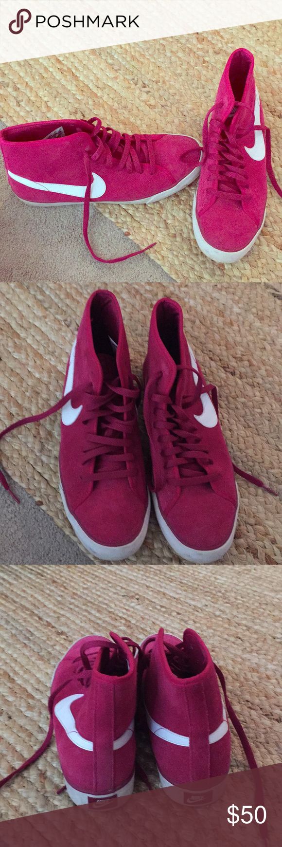 Size 9.5 pink nike high tops Very comfortable, pretty color, suede material, barely worn Nike Shoes Sneakers Nike High Tops, Pink Nikes, Suede Material, Pretty Colours, Nike Women, Nike Shoes, High Tops, Shoes Sneakers, Nike