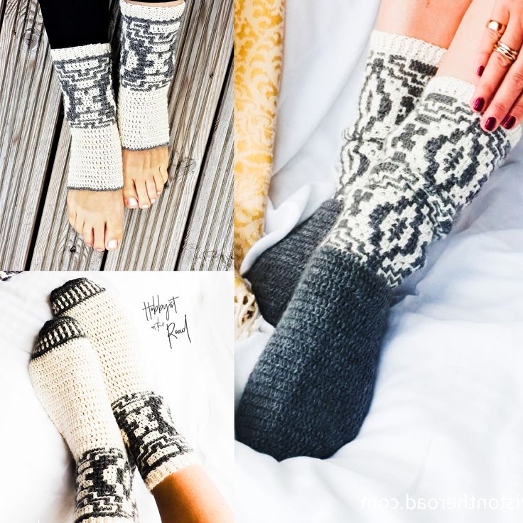 two pictures of women's feet wearing knitted socks and mittens, one in black and white