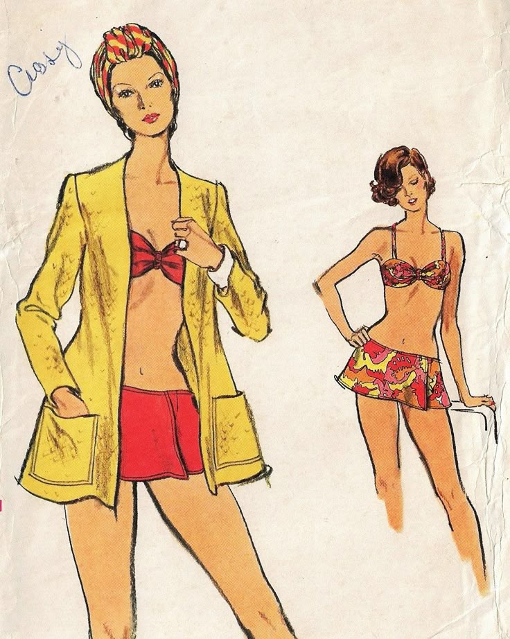 Misses Swimsuit and Cover Up:  Two-piece swimsuit has lined to edge bra with elasticized loop at center front, back closing and narrow straps.  Mock wrapped shorts and under briefs are darted into inside ribbon waistband; topstitching.  Cardigan cover-up has full length sleeves and patch pockets, topstitching. Pattern printed circa 1970's by Vogue, and is in factory folds.  This is an original sewing pattern with all of the original pattern pieces and instructions. This is NOT a PDF or copy, and 70s Swimwear Vintage Swim, Swimsuit With Skirt Coverup, 70s Swimwear, 70s Swimsuit, 80s Swimsuit, Swimsuit With Skirt, Swimwear Aesthetic, Crissy Doll, 70s Patterns