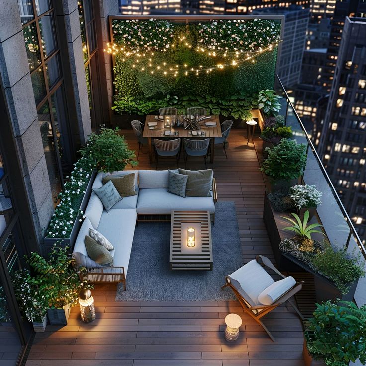 an outdoor living area with couches, tables and lights