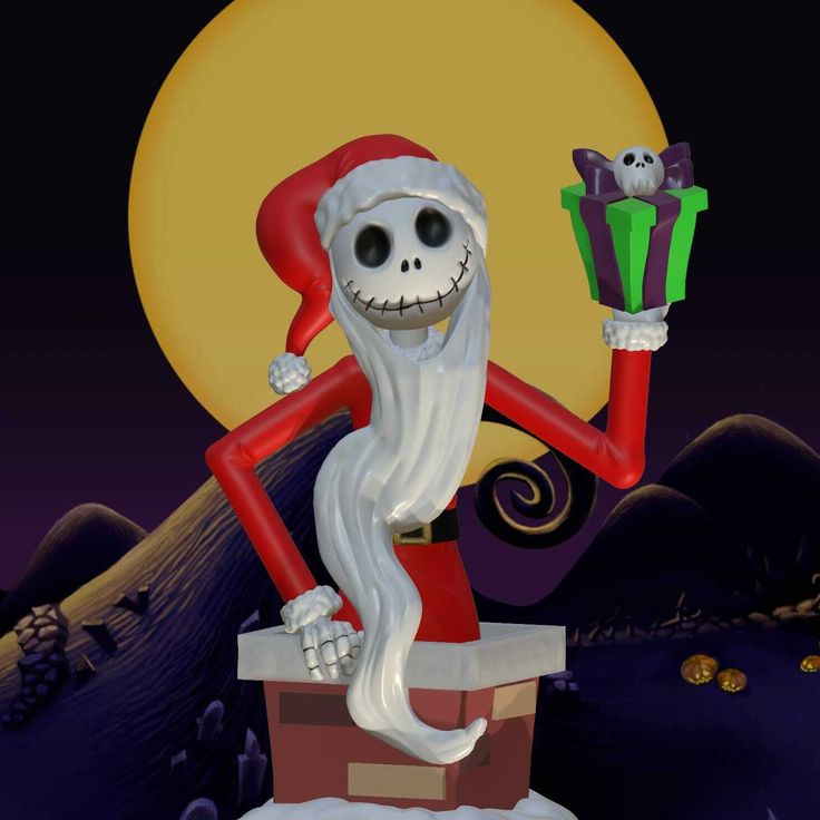 there is a skeleton holding presents in his hand while wearing santa claus's hat