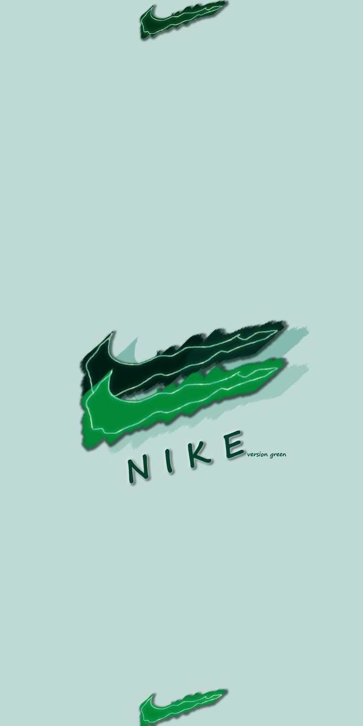 the nike logo is shown in green and black on a light blue background with an arrow above it