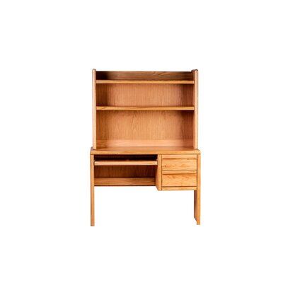 a wooden desk with a drawer and shelf on it's side, against a white background