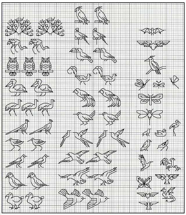 cross stitch pattern with birds and flowers on the bottom, in different sizes and colors