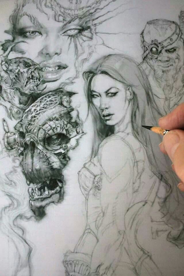 a drawing of two women and one demon with their faces drawn in pencil on paper