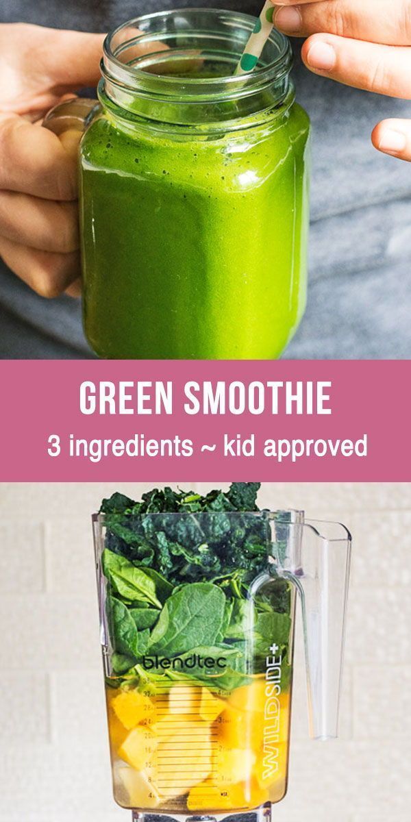 green smoothie ingredients in a blender with text overlay