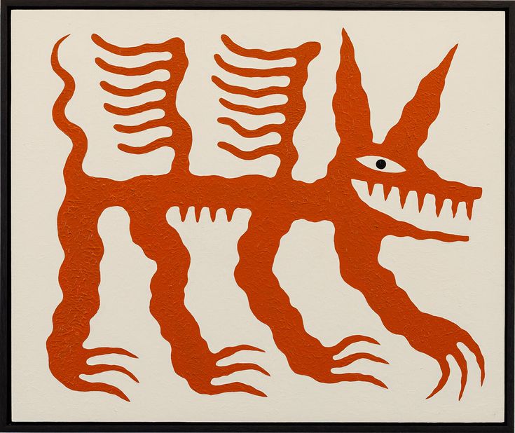 an orange and white artwork with large teeth