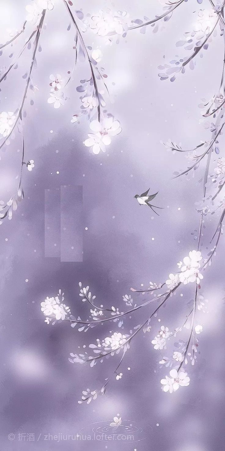 some white flowers are floating in the water on a purple and gray background with blurry leaves