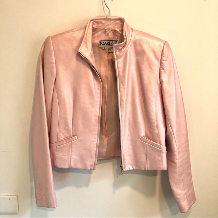 Amazing Statement Piece That Will Totally Make Your Spring Look! Vintage Pink Leather Jacket From A Carlisle Collections Private Trunk Show. 100% Leather. Volume At The Shoulder Seem, Button Cuff Detail On Sleeves. Gold Zipper. Excellent Outside Condition, Some Small Stains On Inner Lining Luxury Pink Leather Jacket For Spring, Spring Long Sleeve Pink Leather Jacket, Luxury Pink Winter Leather Jacket, Casual Pink Leather Jacket With Zipper Closure, Fitted Pink Leather Outerwear, Pink Leather Jacket, Spring Look, Cuff Detail, Genuine Leather Jackets